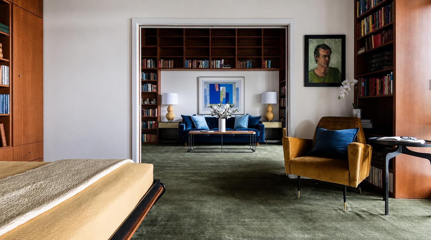 A green-carpeted Seattle bedroom suite opening onto a book-lined library staged by RD Interiors