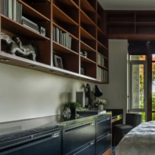Detail of curated sculptural objects styled on built-in shelving